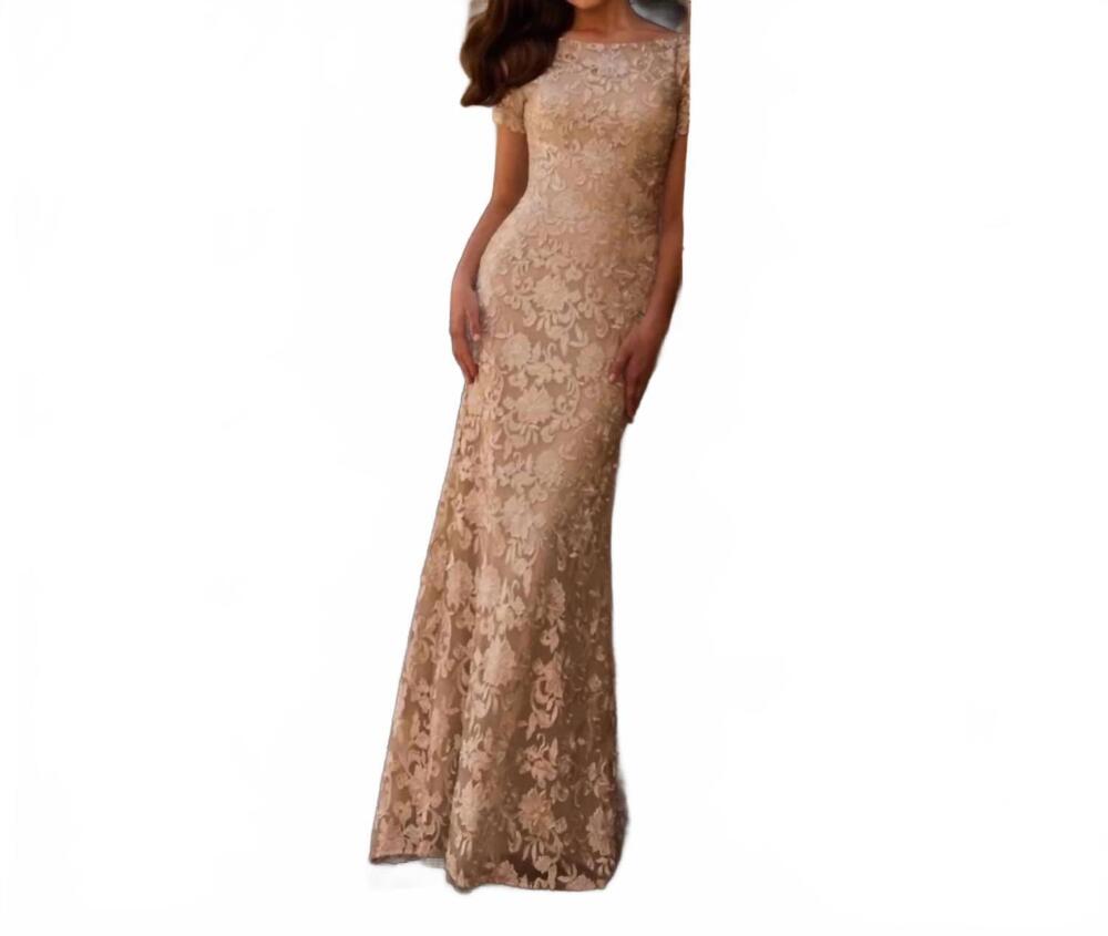 NEW LA FEMME women's lace evening dress in champagne